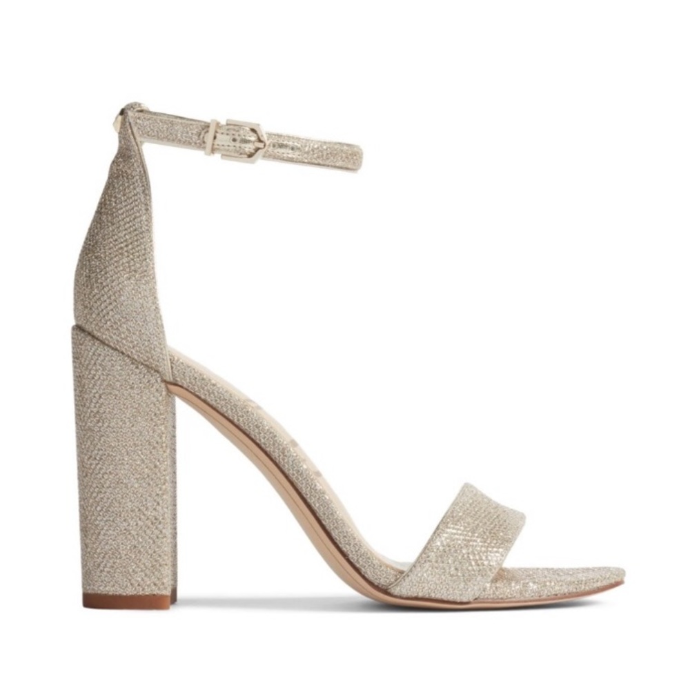 Sam Edelman Gold Glitter Ankle-Strap Block Heel Sandals - Picture 2 of 5